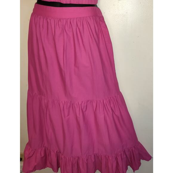 Bright Pink Peasant Maxi Dress 2pc L Tiered Boho Whimsigoth Ruffles Cropped - Picture 6 of 16